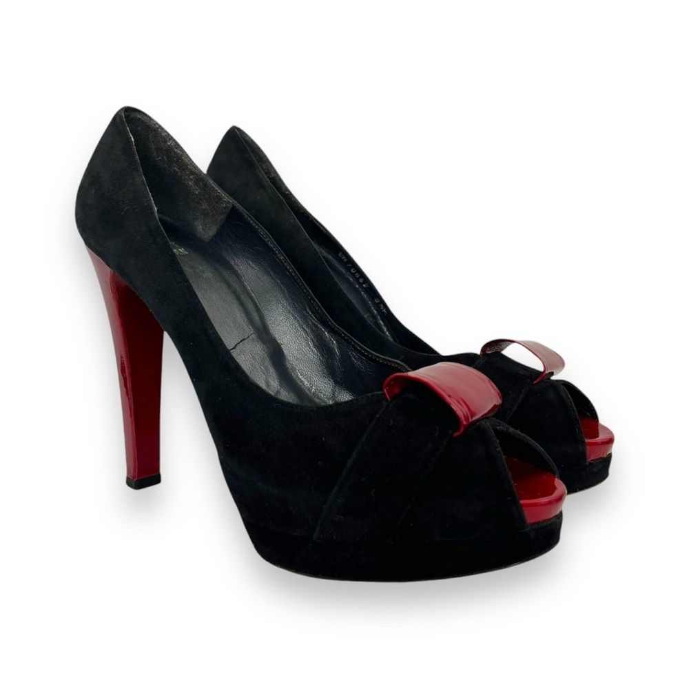 Stuart Weitzman Black Red Suede Leather Peep Toe Stiletto Platform Heel Pump 9.5